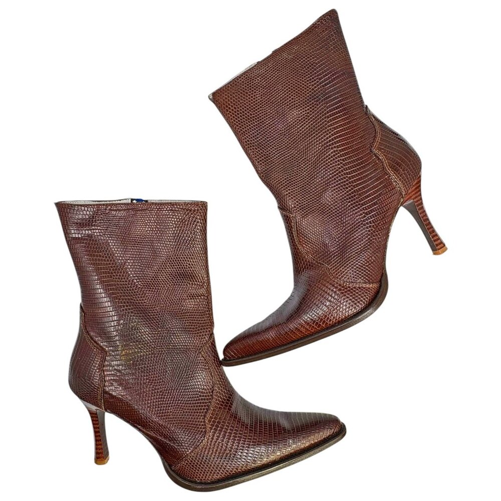 Brown Textured Leather Heeled Ankle Boots